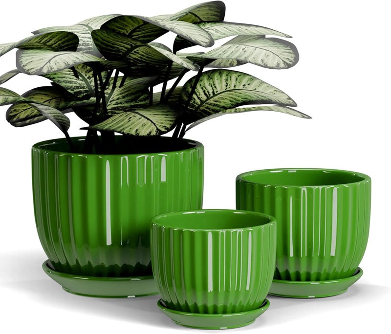 Ton Sin Ceramic Plant Pots,4"+5"+6" Inch,Green Flower Pots with Drainage Holes and Tray,Indoor Planters for Plants Pots,Home Office Decoration GIF for Plants,Succulent Pot Set of 3 - Image 1
